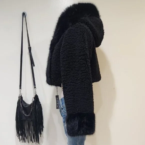 💋CHIC & SEXY💋Lux Black Vegan Shearling Lamb & Fox Fur Hoodded Crop Jacket - Picture 12 of 16